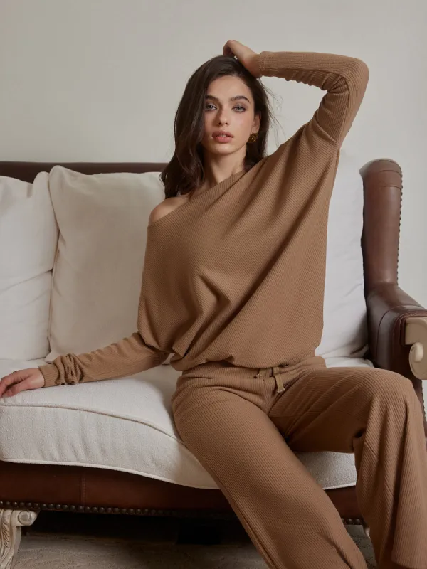 Ribbed Drawstring Shift Pants Set sold by COMMENSE