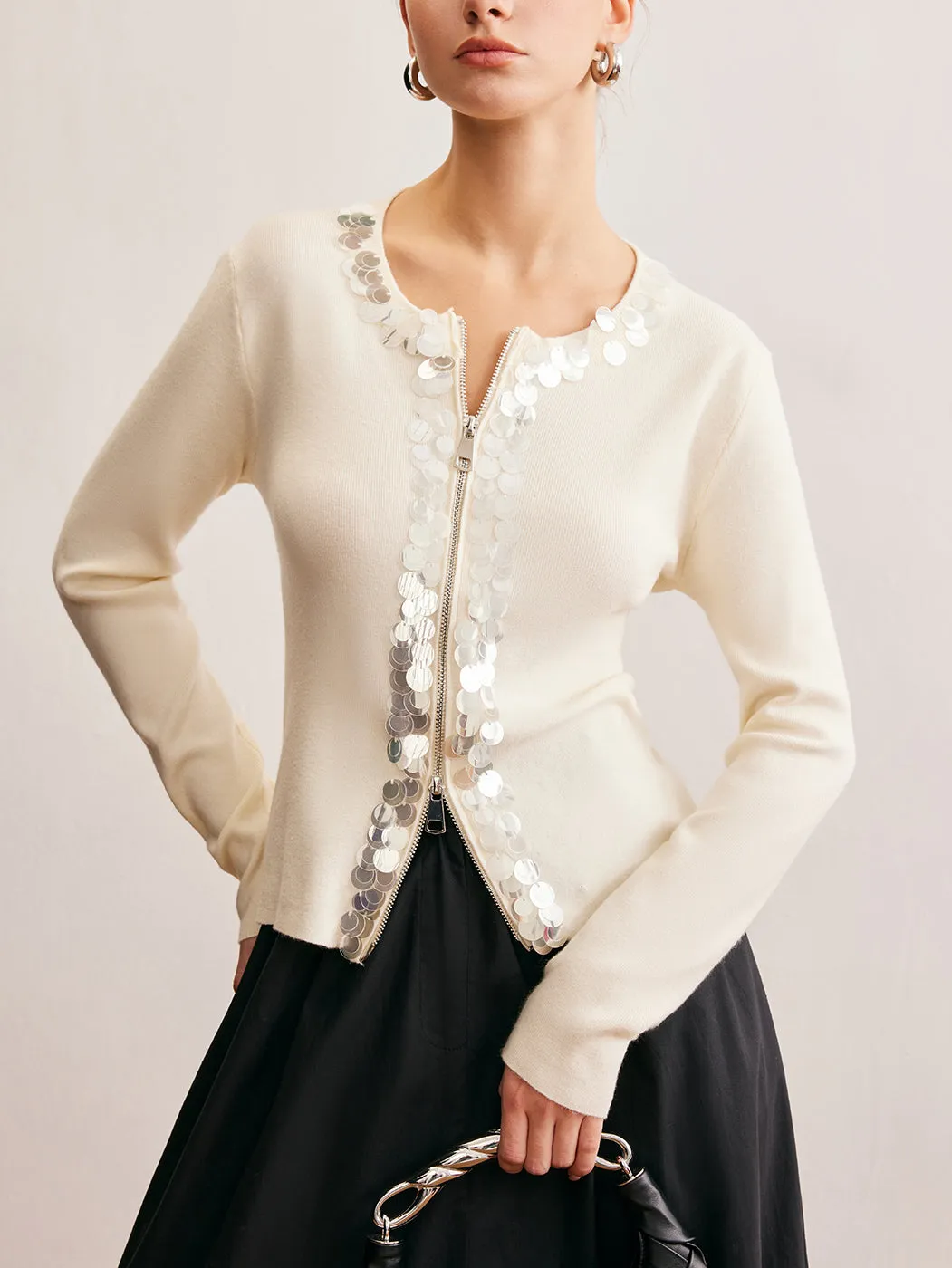 Two-Way Zip Sequins Cardigan sold by COMMENSE