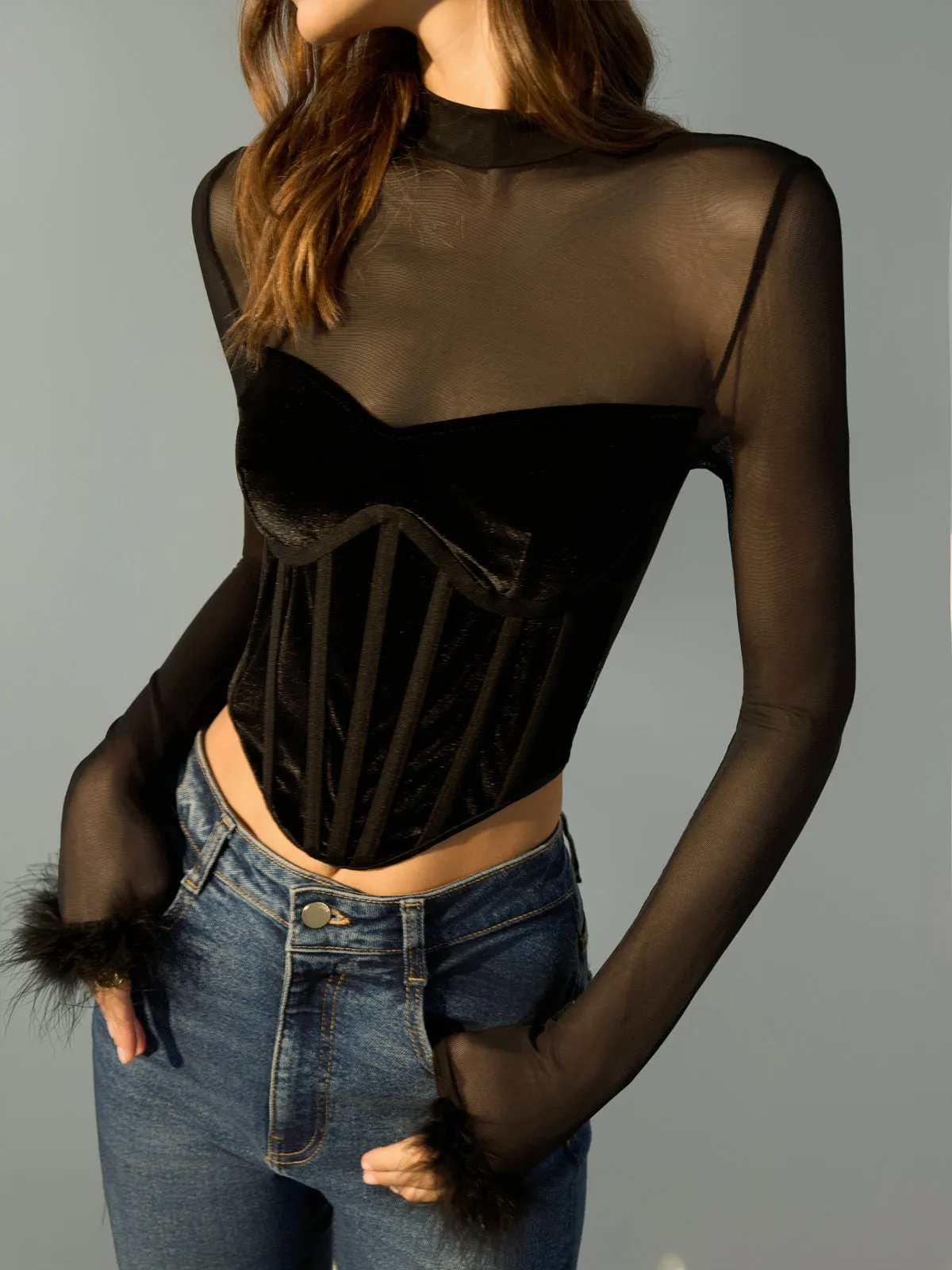 Tulle Panel Velvet Crop Blouse sold by COMMENSE
