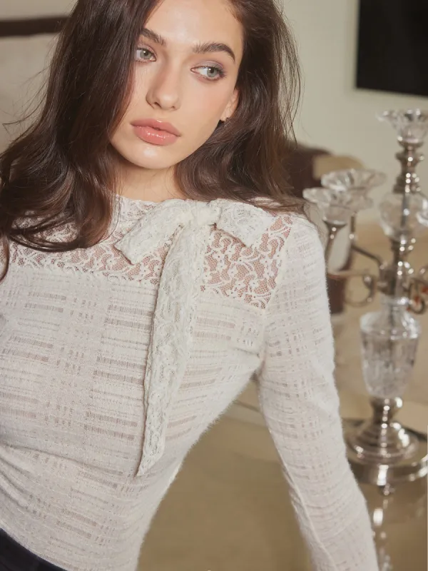 Lace Bow Textured Slim Blouse sold by COMMENSE