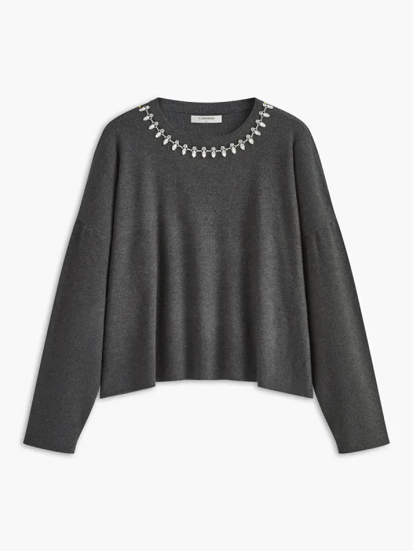 Crew-Neck Rhinestone Decor Shift Sweater sold by COMMENSE