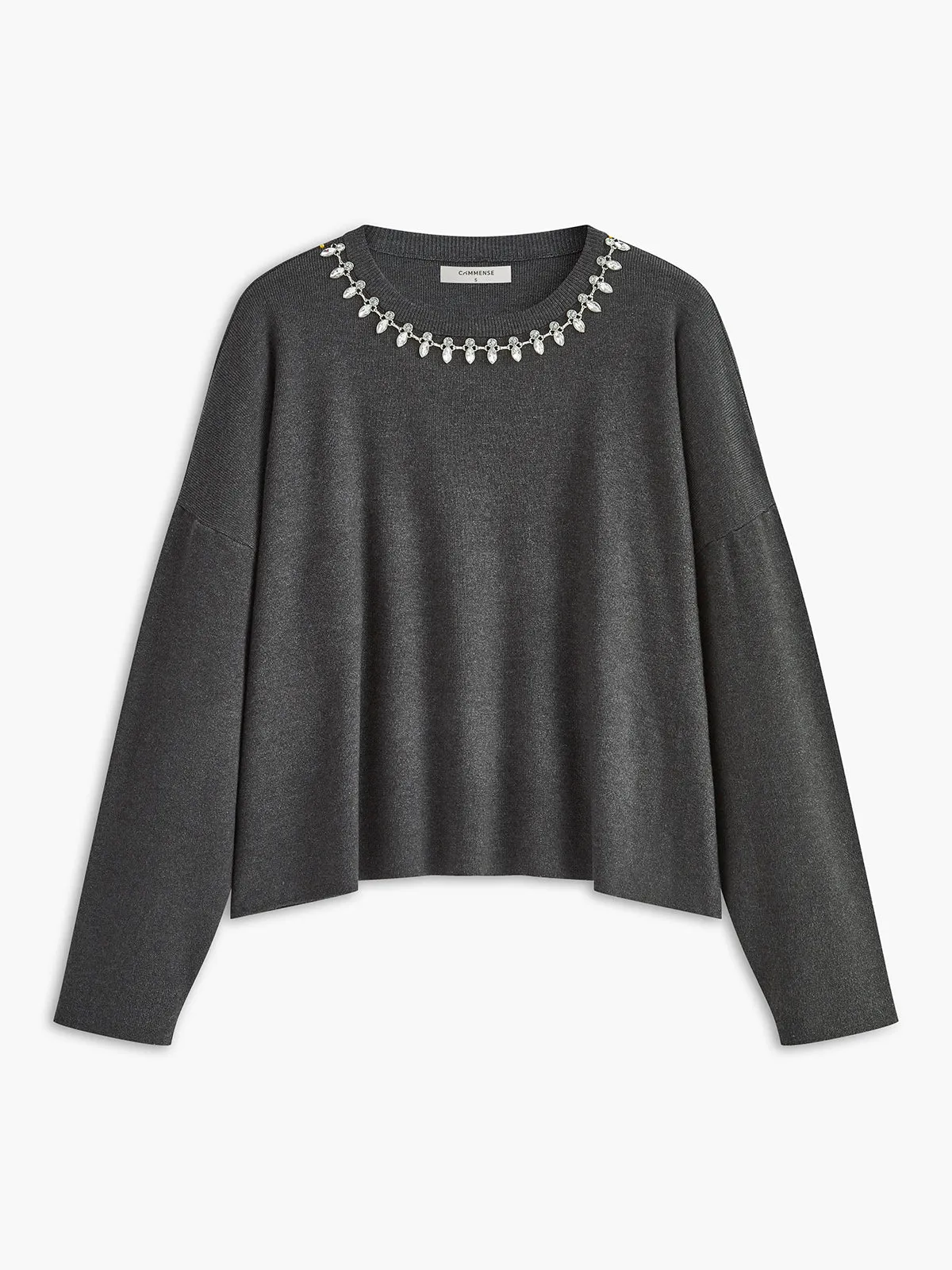 Crew-Neck Rhinestone Decor Shift Sweater sold by COMMENSE