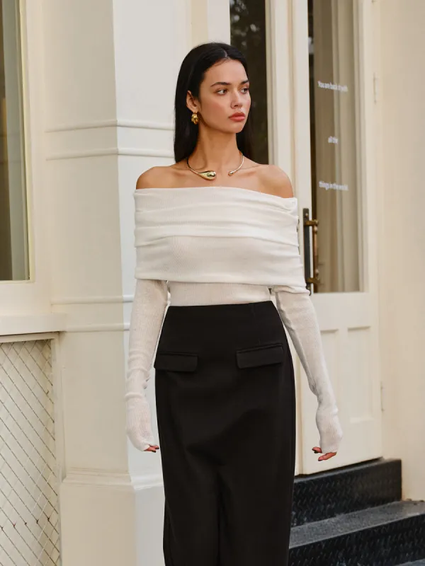 Wool-Blend Cold-Shoulder Ruched Knit Top sold by COMMENSE