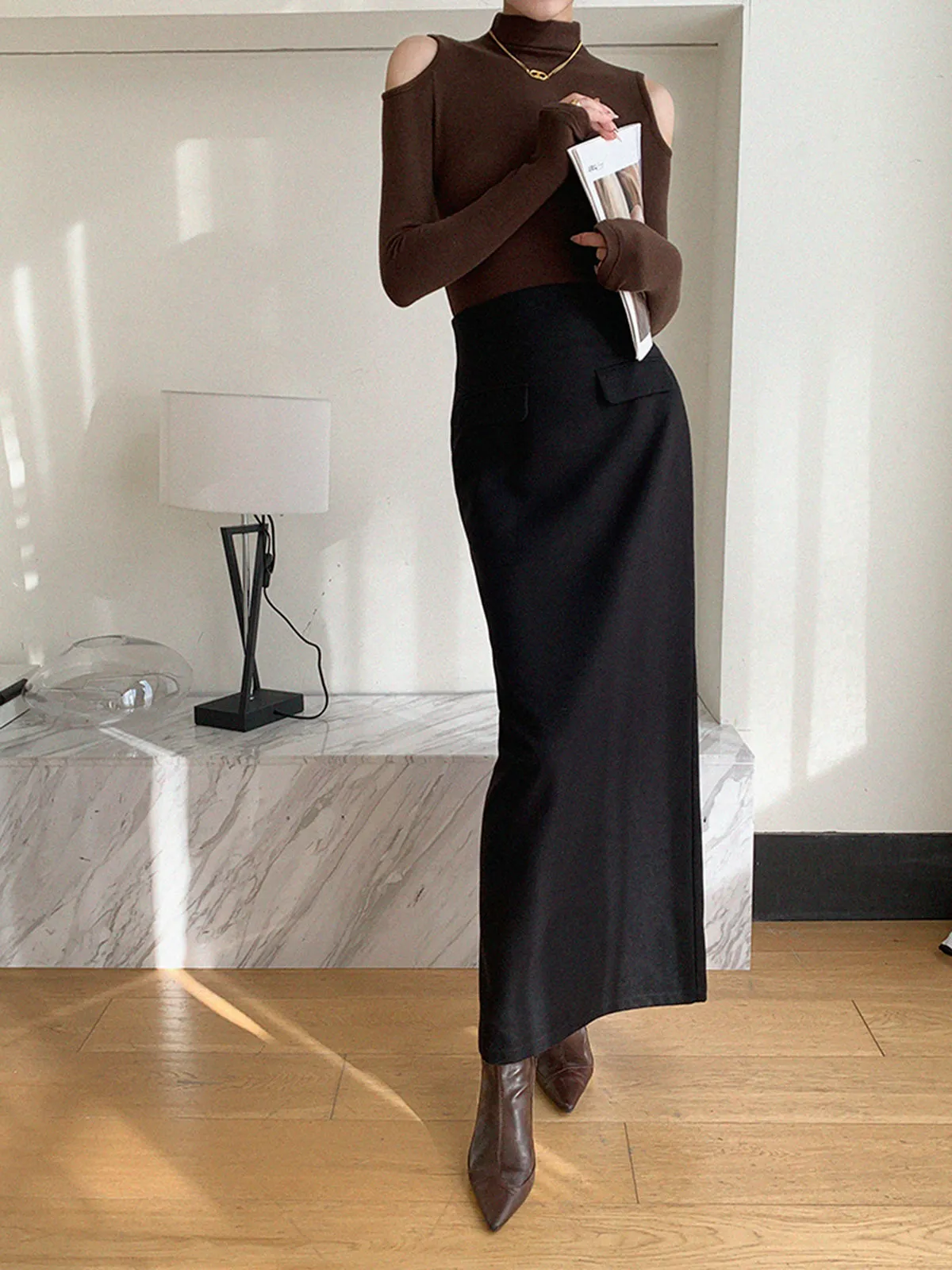 Plain A-Line Maxi Skirt sold by COMMENSE product image thumbnail 3