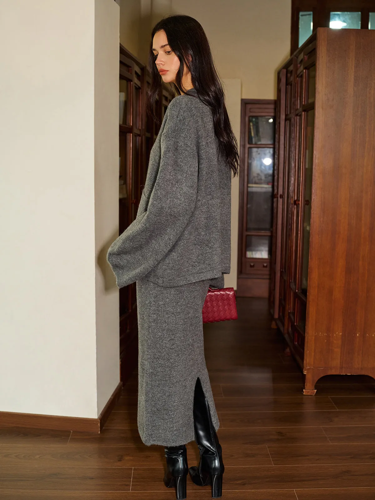 Plain Button Sweater Skirt Set With Matching Scarf sold by COMMENSE product image thumbnail 4