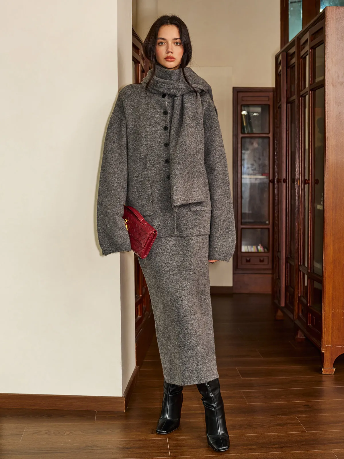 Plain Button Sweater Skirt Set With Matching Scarf sold by COMMENSE