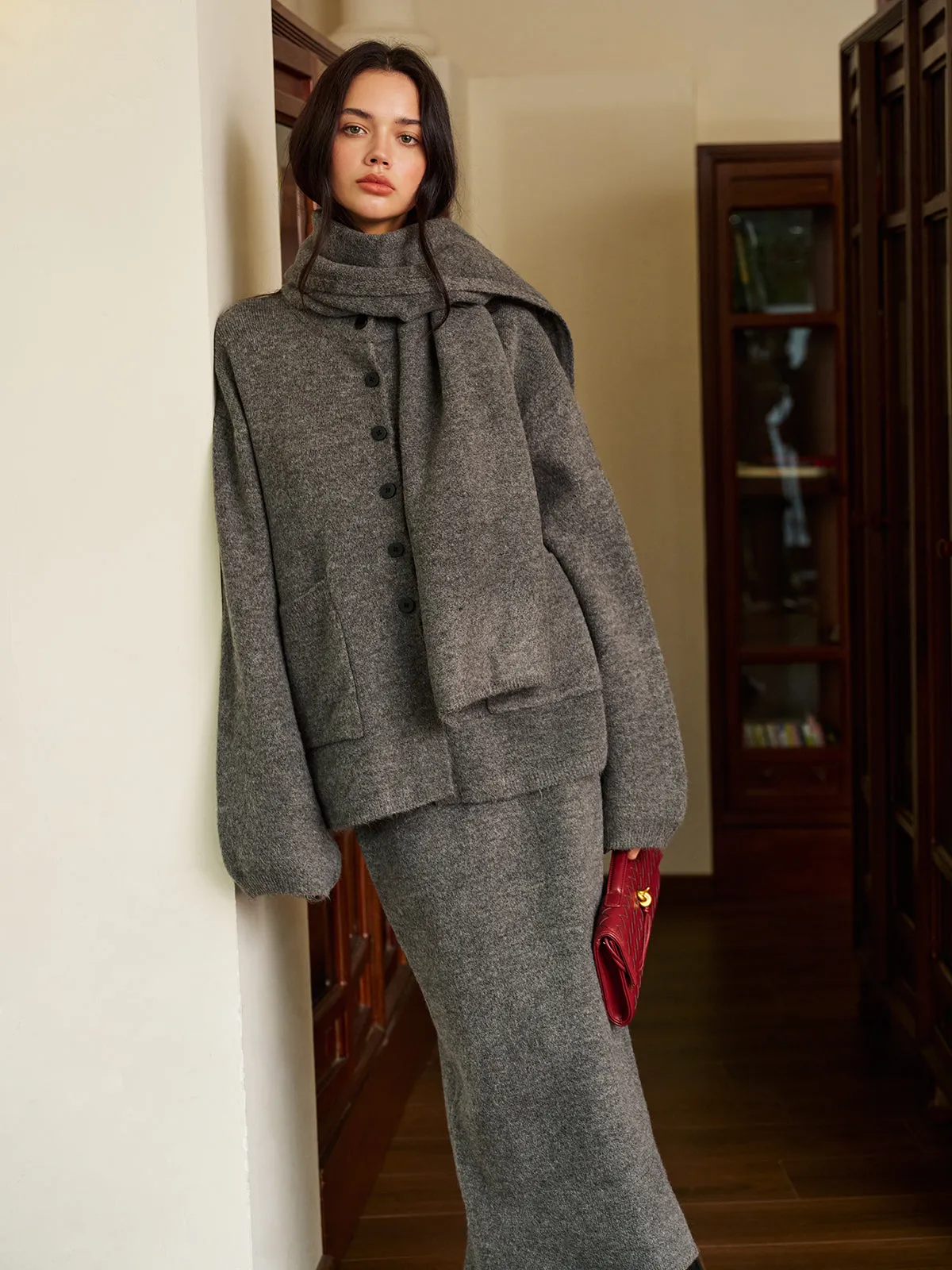 Plain Button Sweater Skirt Set With Matching Scarf sold by COMMENSE product image thumbnail 2