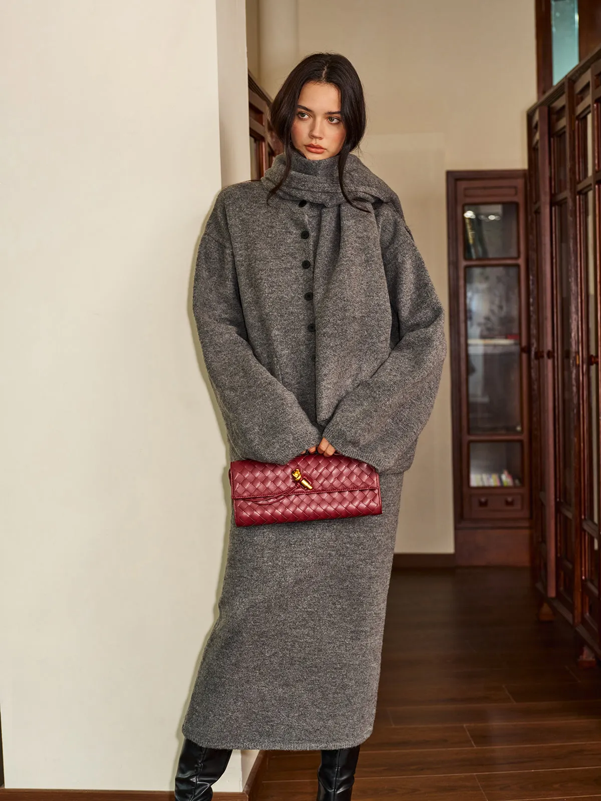 Plain Button Sweater Skirt Set With Matching Scarf sold by COMMENSE product image thumbnail 5