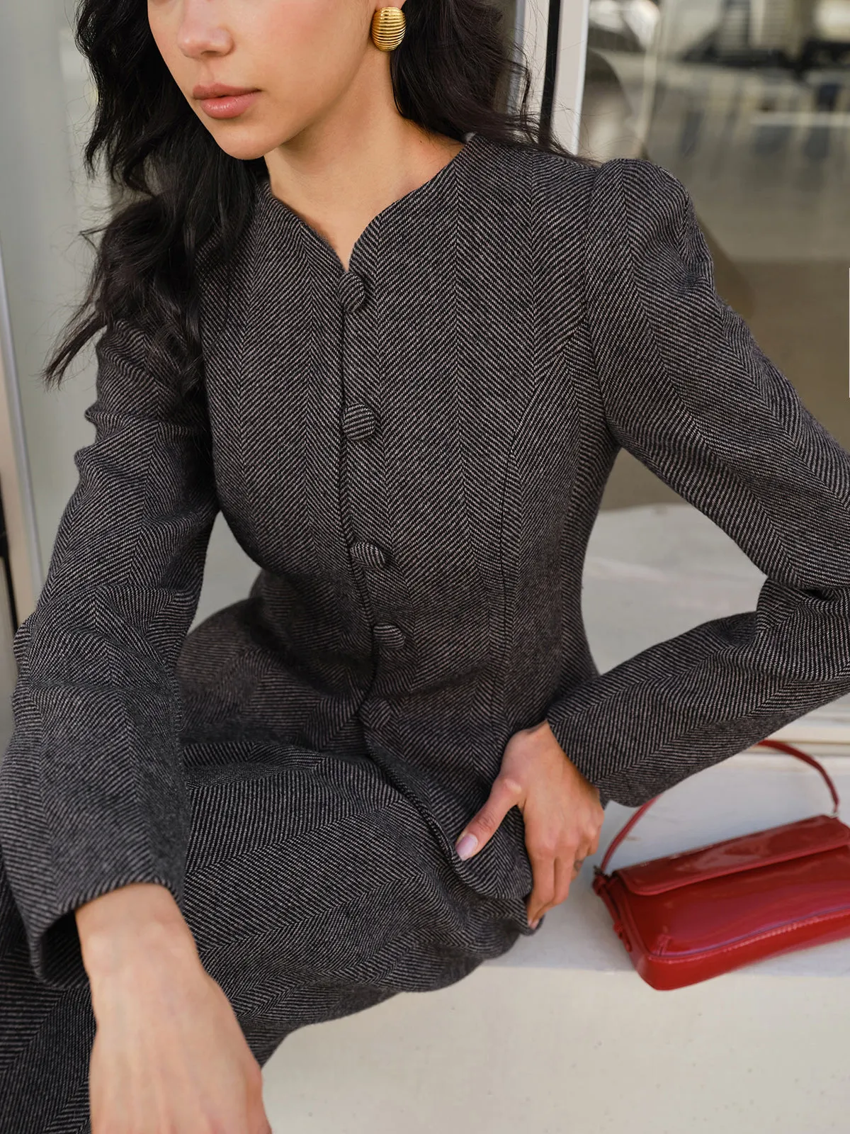 Chevron Button Slim Blazer sold by COMMENSE