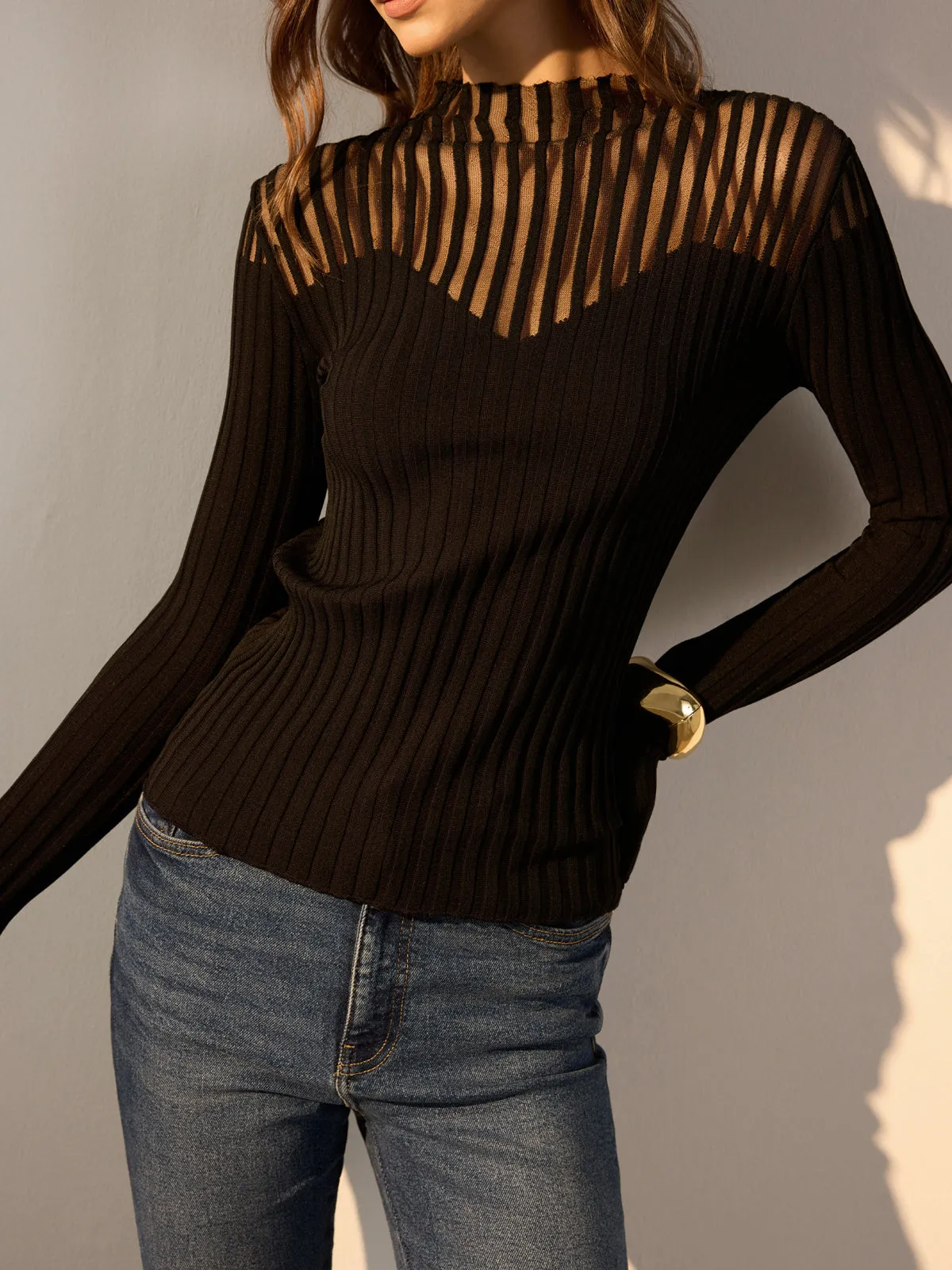 Ribbed Sheer-Shoulder Knit Top sold by COMMENSE product image thumbnail 3