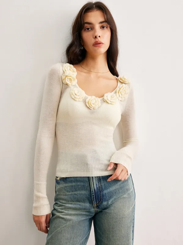 3D Flower Semi-Sheer Knit Top sold by COMMENSE