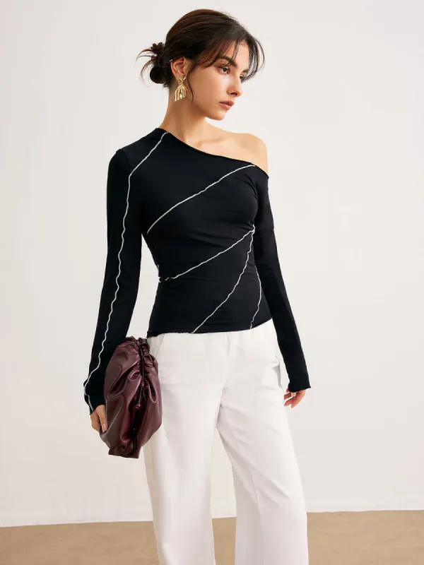 One-Shoulder Contrast Piping Skinny T-Shirt sold by COMMENSE