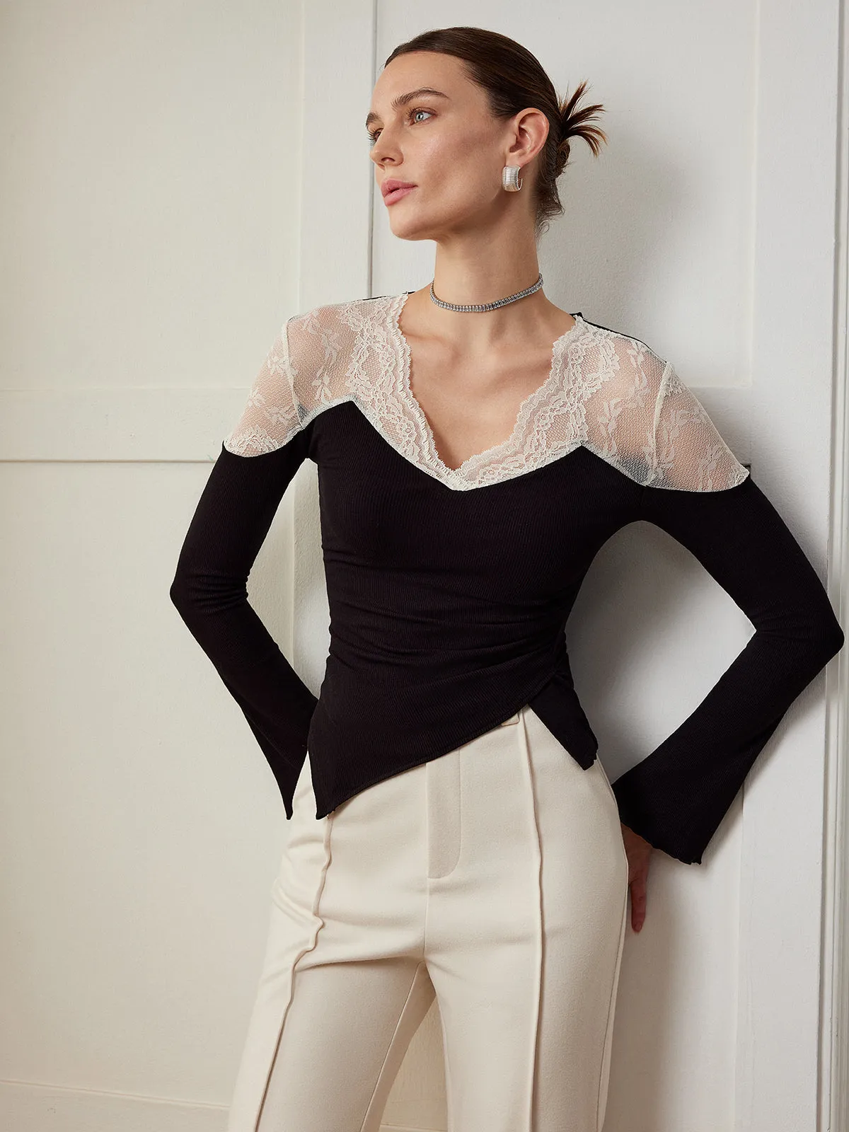 Asymmetric Skinny Lace Panel Blouse sold by COMMENSE