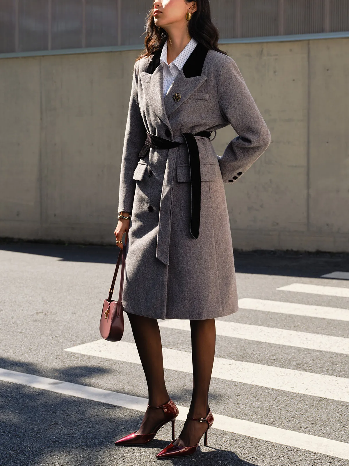 Contrast Collar Belted Tweed Coat sold by COMMENSE product image thumbnail 3