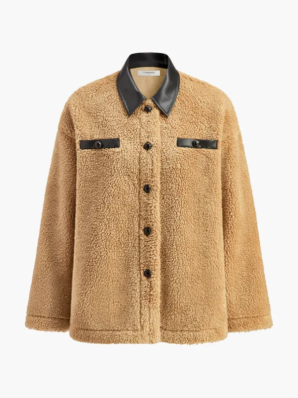 Contrast Collar Button Fleece Jacket sold by COMMENSE