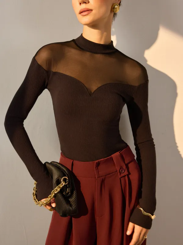 Mesh-Detail Sweetheart Slim Top sold by COMMENSE
