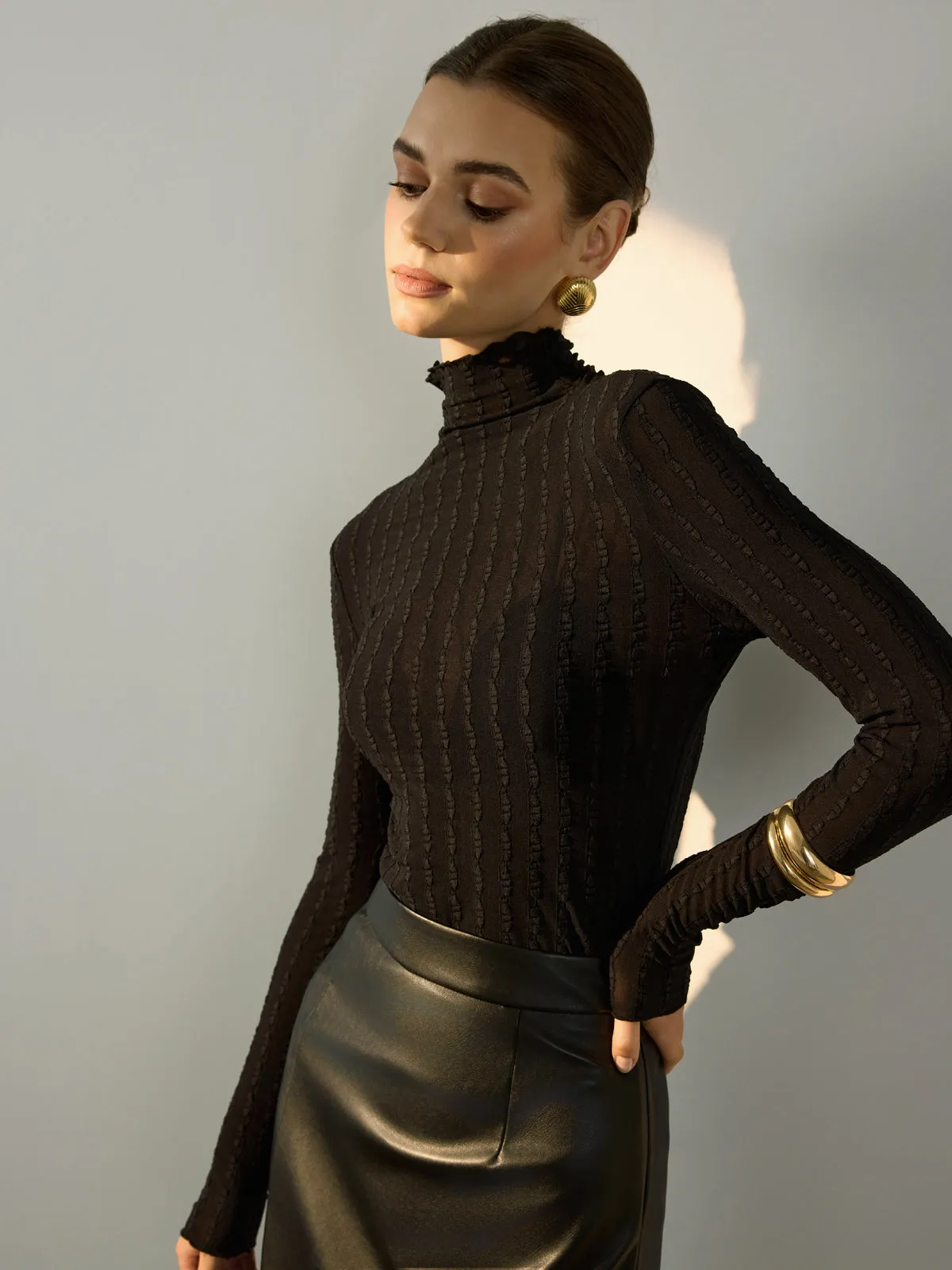 Mock Neck Semi-Sheer Slim T-Shirt sold by COMMENSE product image thumbnail 5