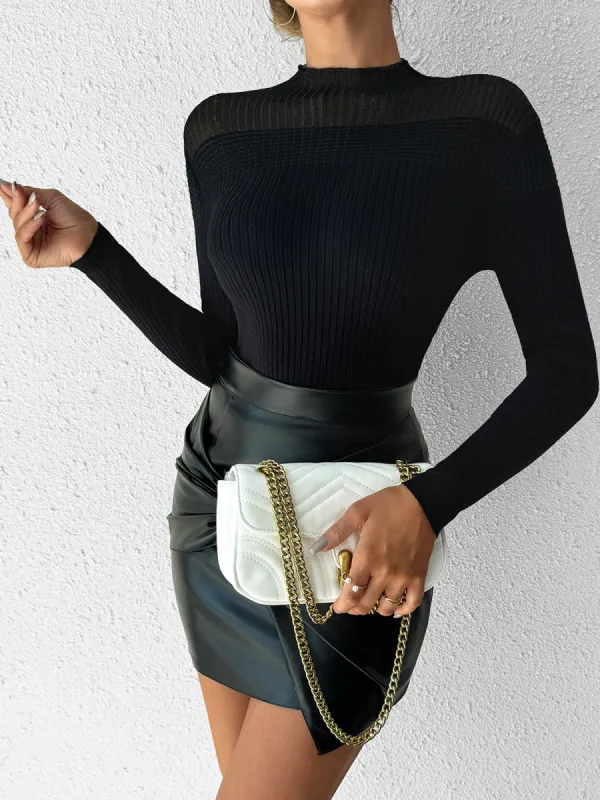 Sheer-Shoulder Slim Panel Knit Top sold by COMMENSE