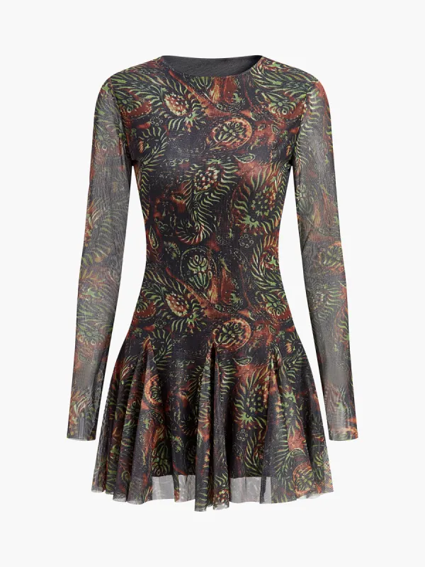 Retro Tye Dye Printed Mesh Dress sold by COMMENSE