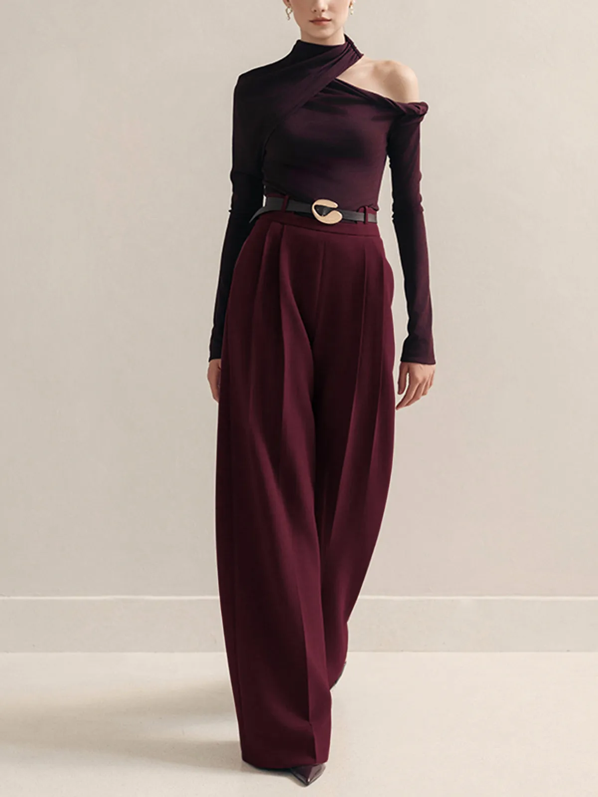 Metal-Belt Pleated High-Waist Pants sold by COMMENSE product image thumbnail 4