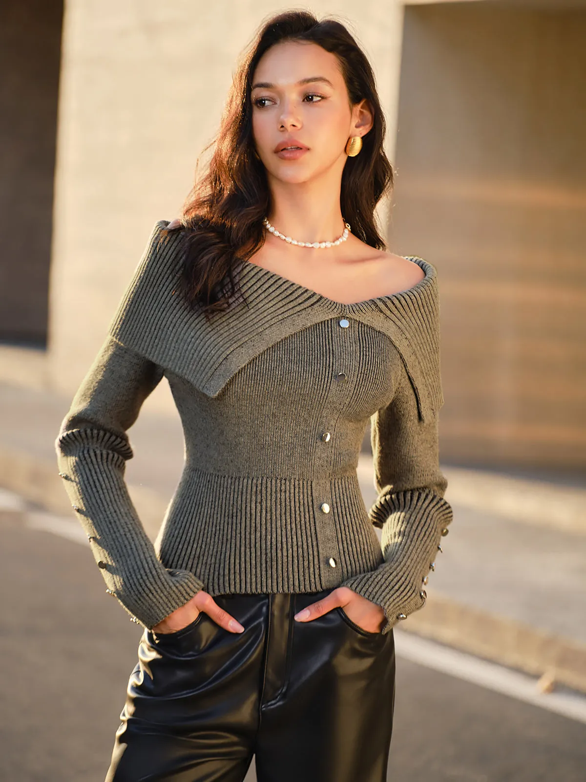 Off-Shoulder Ribbed Skinny Knit Top sold by COMMENSE
