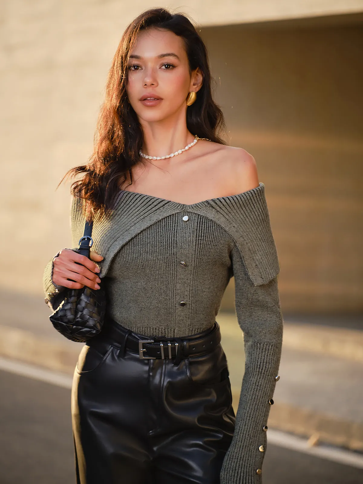 Off-Shoulder Ribbed Skinny Knit Top sold by COMMENSE product image thumbnail 4