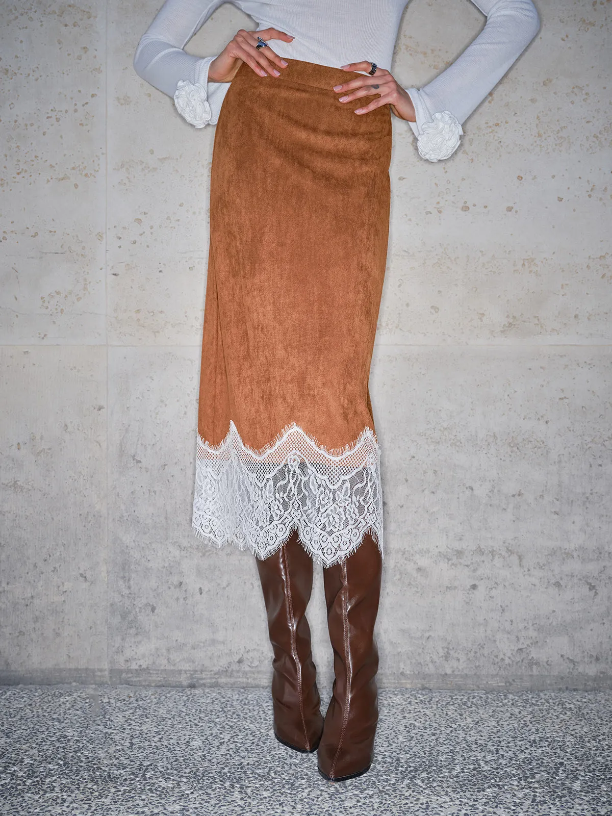 Lace Hem Suede Skirt sold by COMMENSE