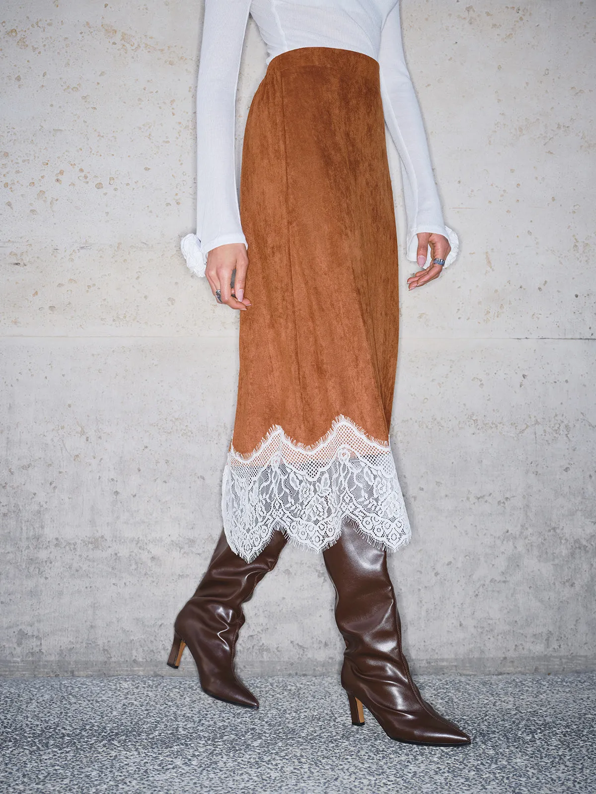 Lace Hem Suede Skirt sold by COMMENSE product image thumbnail 5