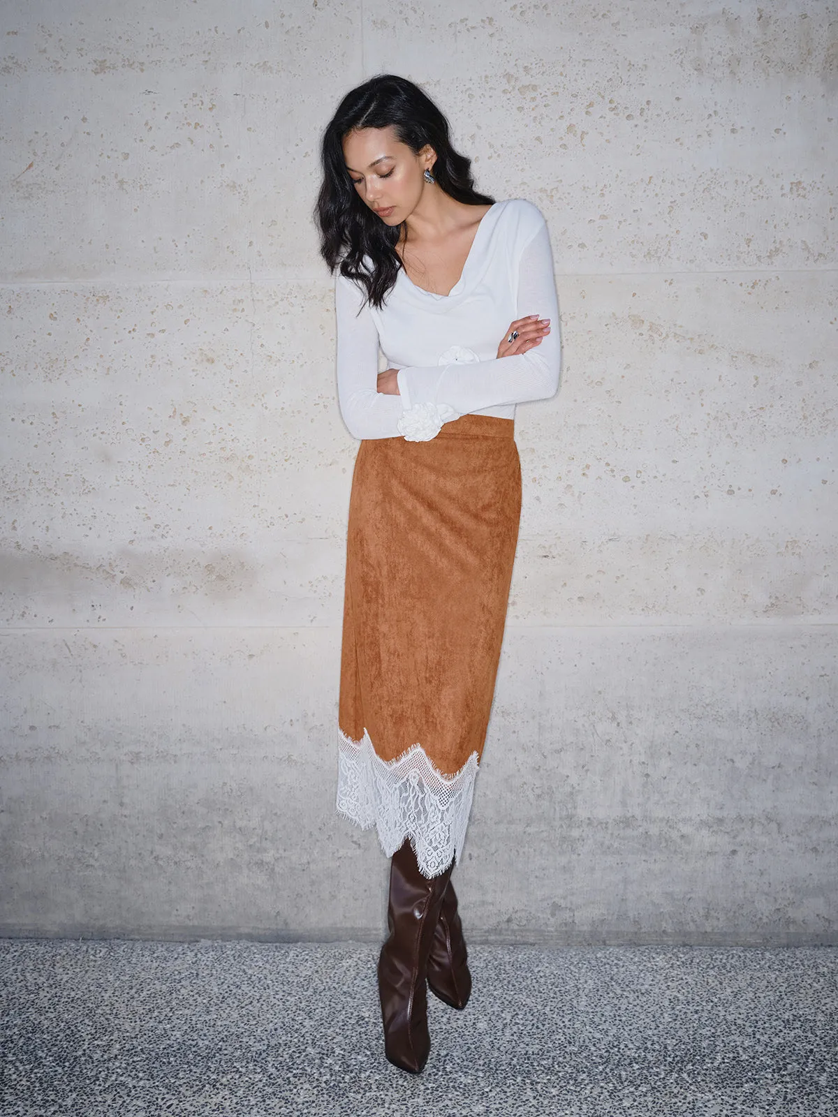 Lace Hem Suede Skirt sold by COMMENSE product image thumbnail 3