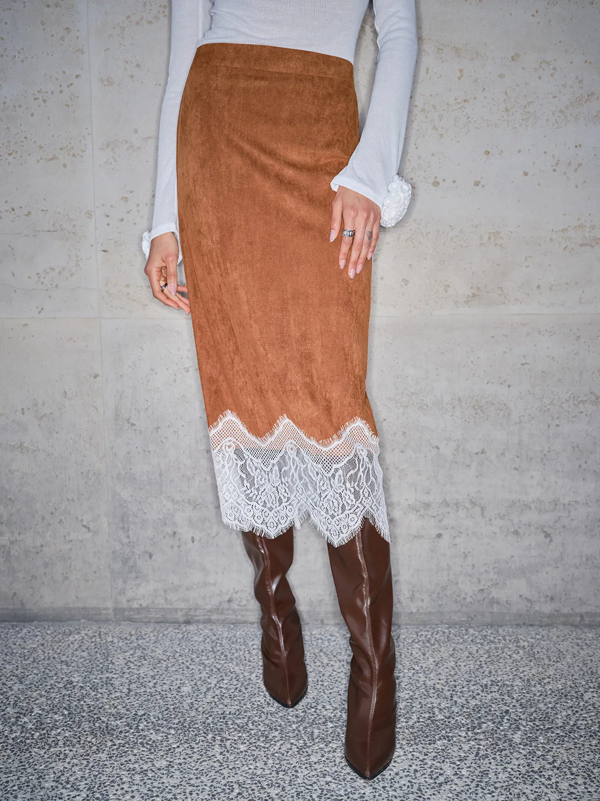 Lace Hem Suede Skirt sold by COMMENSE product image thumbnail 2