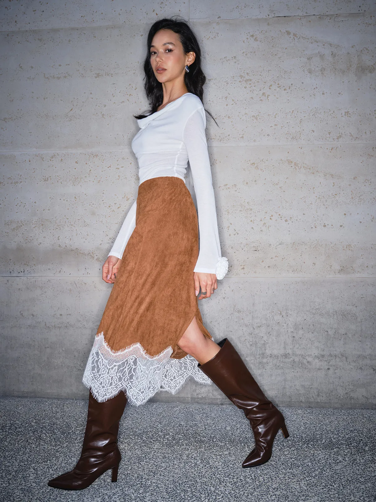 Lace Hem Suede Skirt sold by COMMENSE product image thumbnail 4