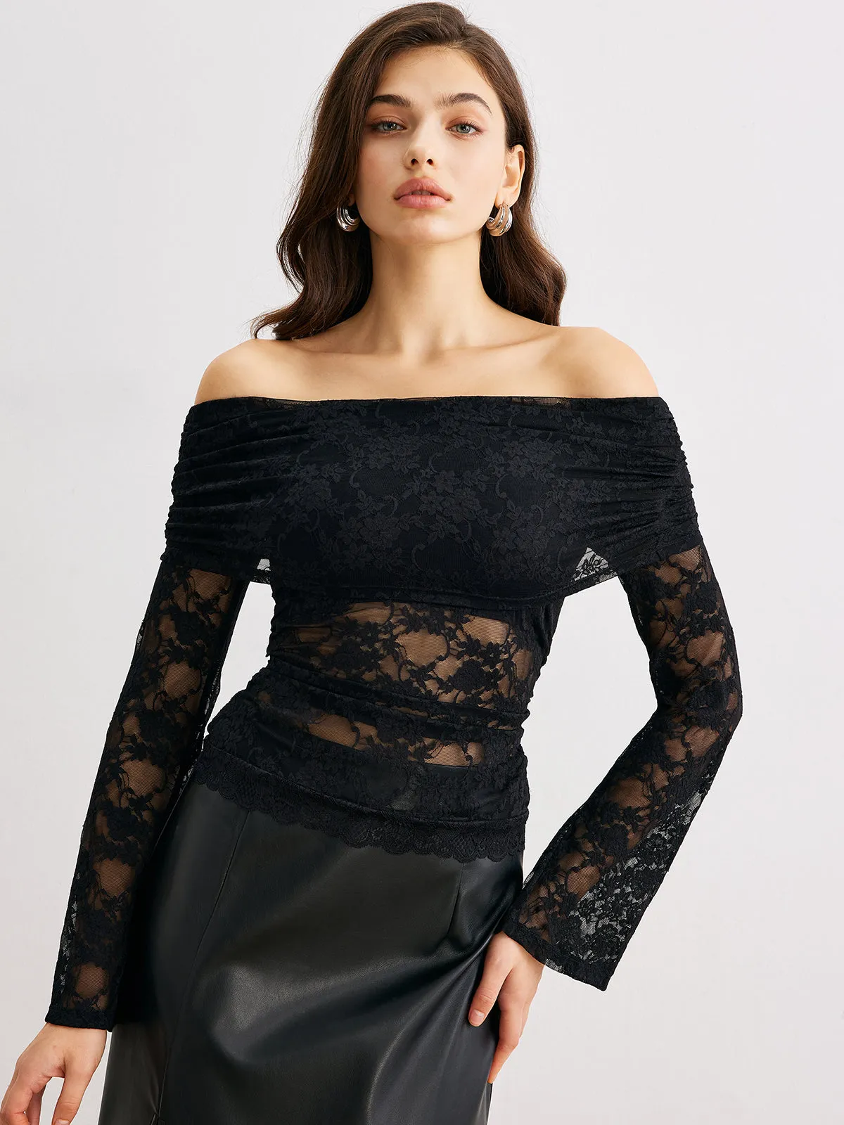 Bell Sleeve Off-Shoulder Lace Top sold by COMMENSE