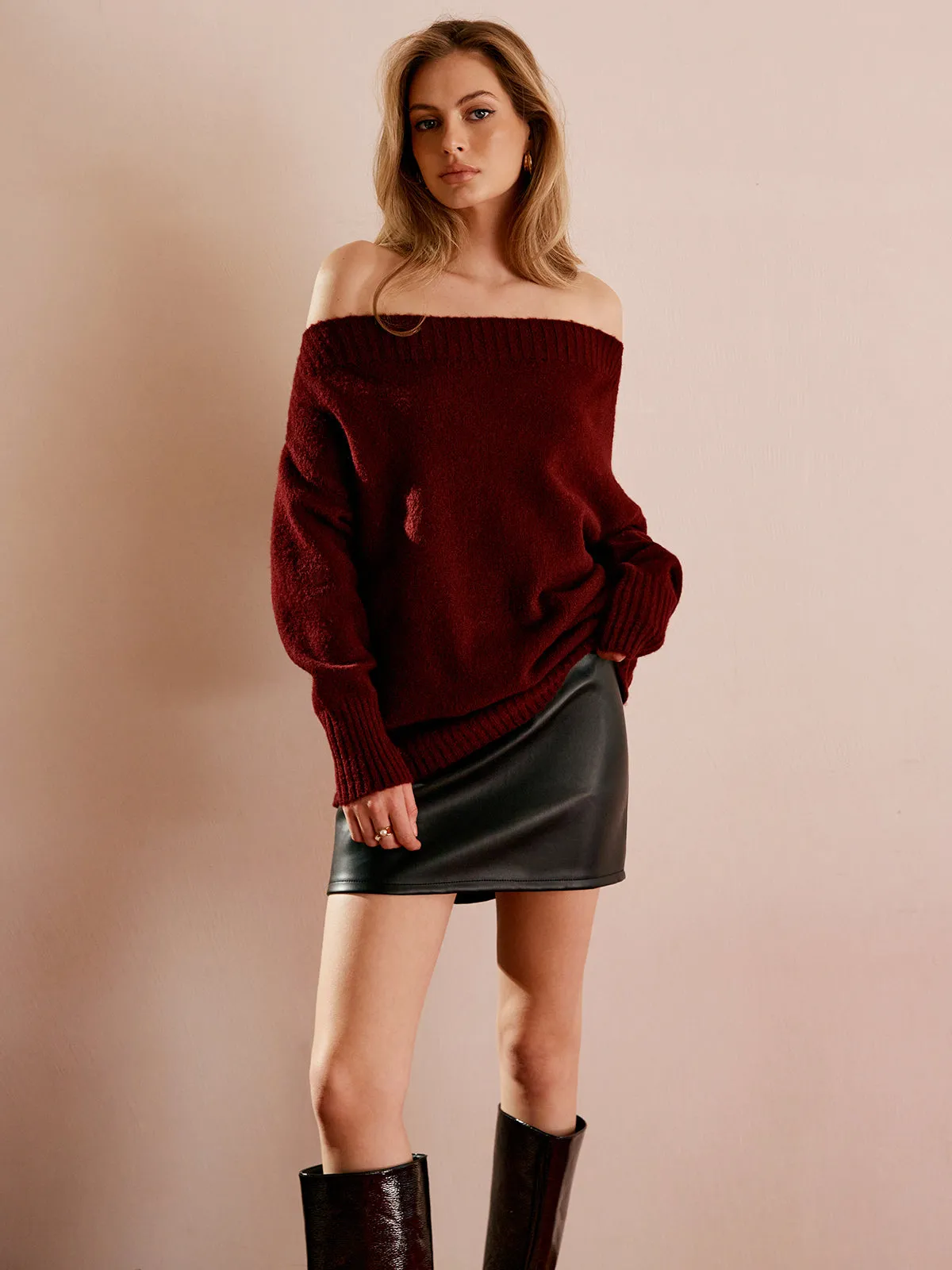 Off-Shoulder Plain Draped Sweater sold by COMMENSE