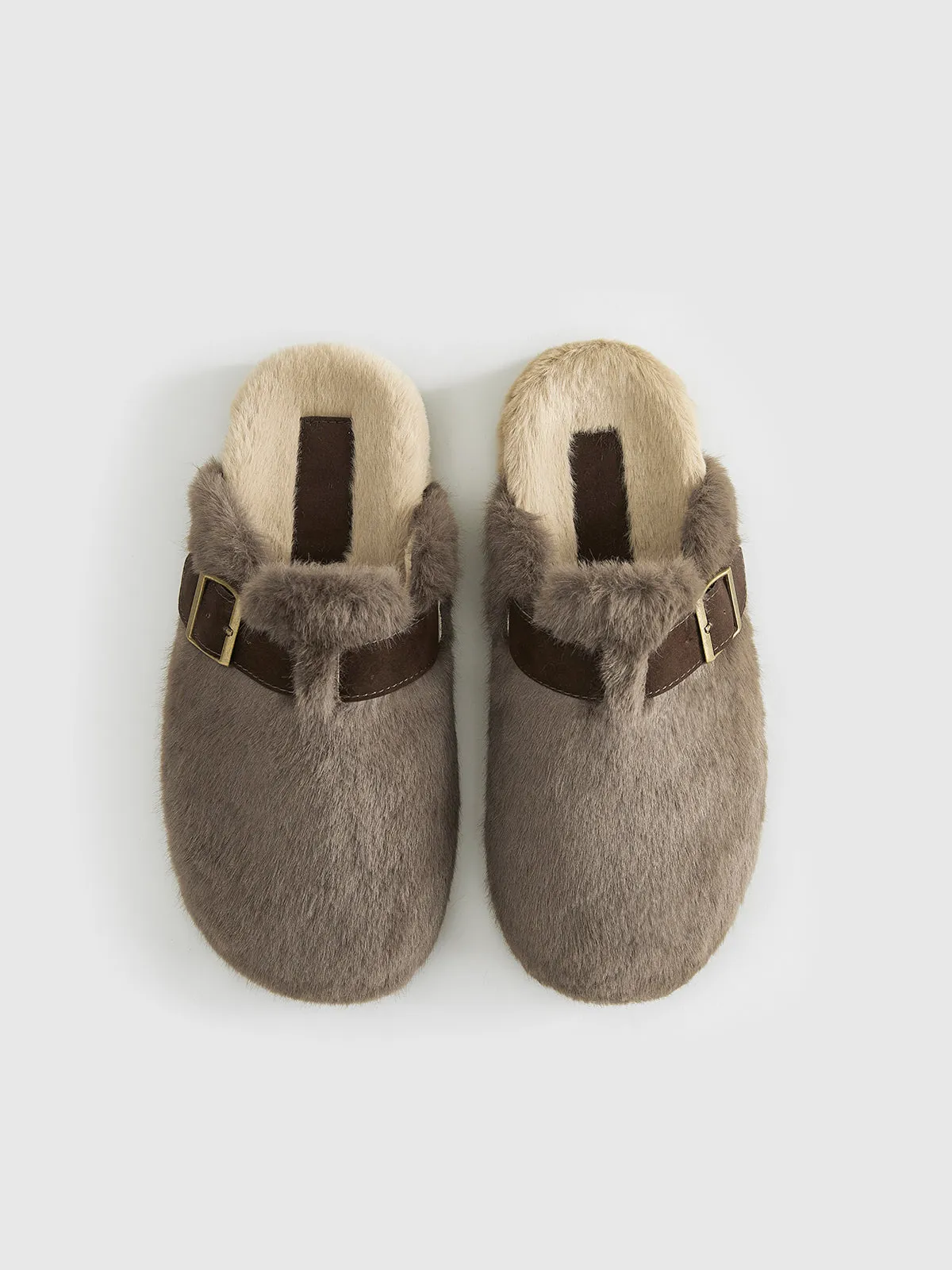 Belt-Design Furry Mule Slippers sold by COMMENSE