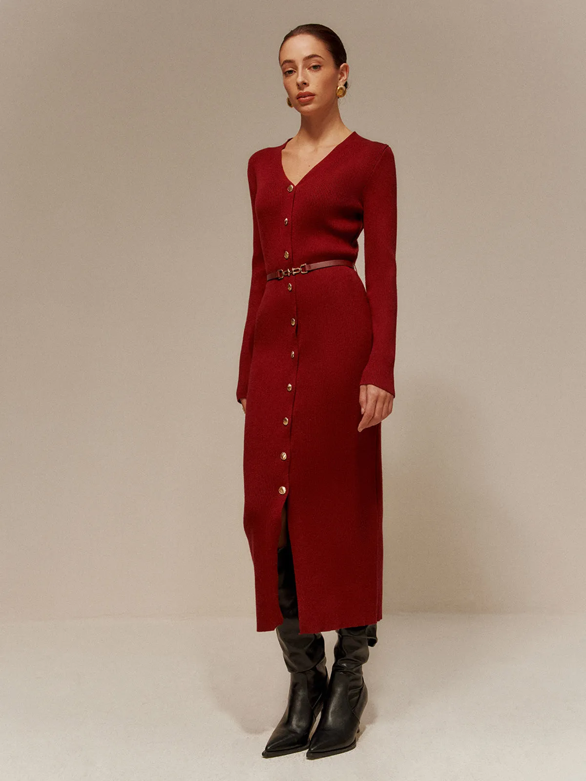V-Neck Breasted Belted Sweater Long Dress sold by COMMENSE product image thumbnail 5