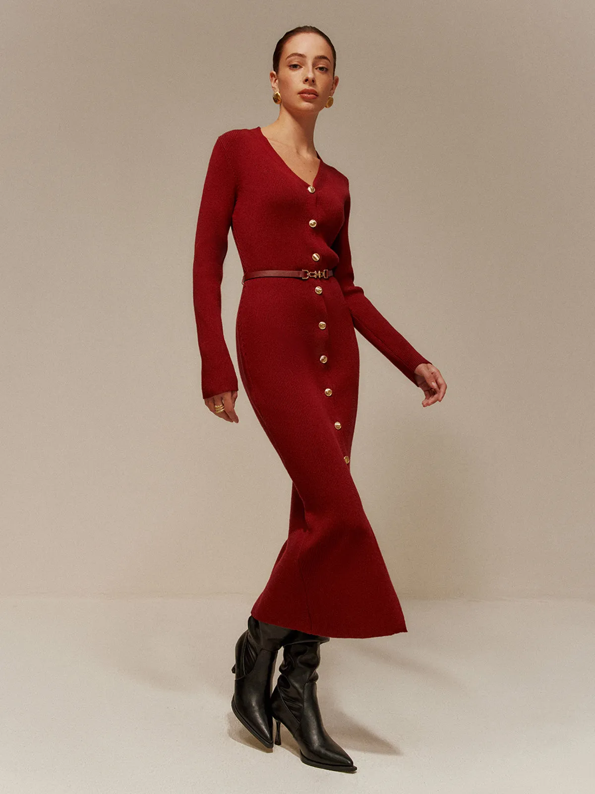 V-Neck Breasted Belted Sweater Long Dress sold by COMMENSE product image thumbnail 2