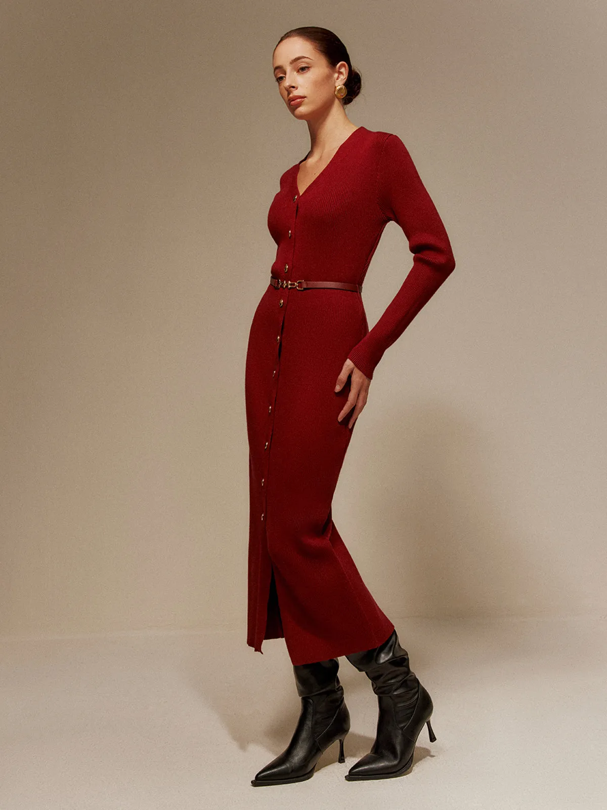 V-Neck Breasted Belted Sweater Long Dress sold by COMMENSE product image thumbnail 4