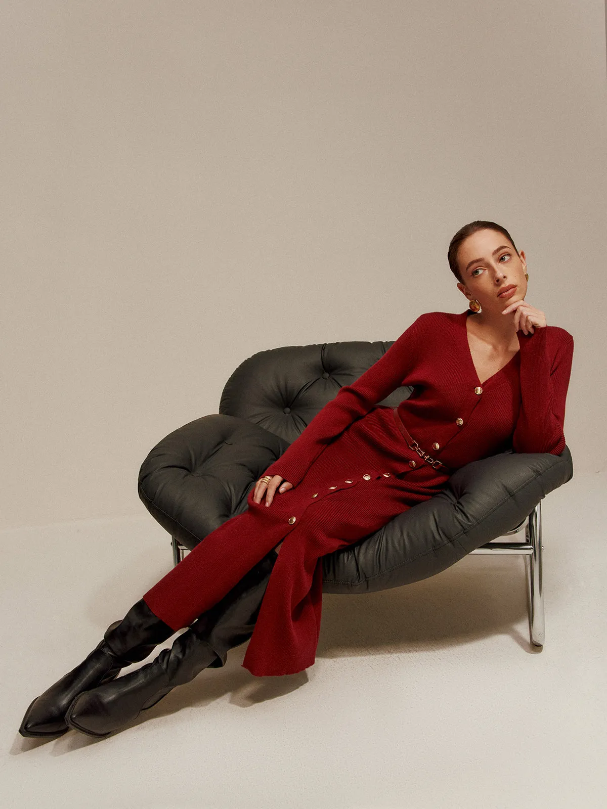 V-Neck Breasted Belted Sweater Long Dress sold by COMMENSE