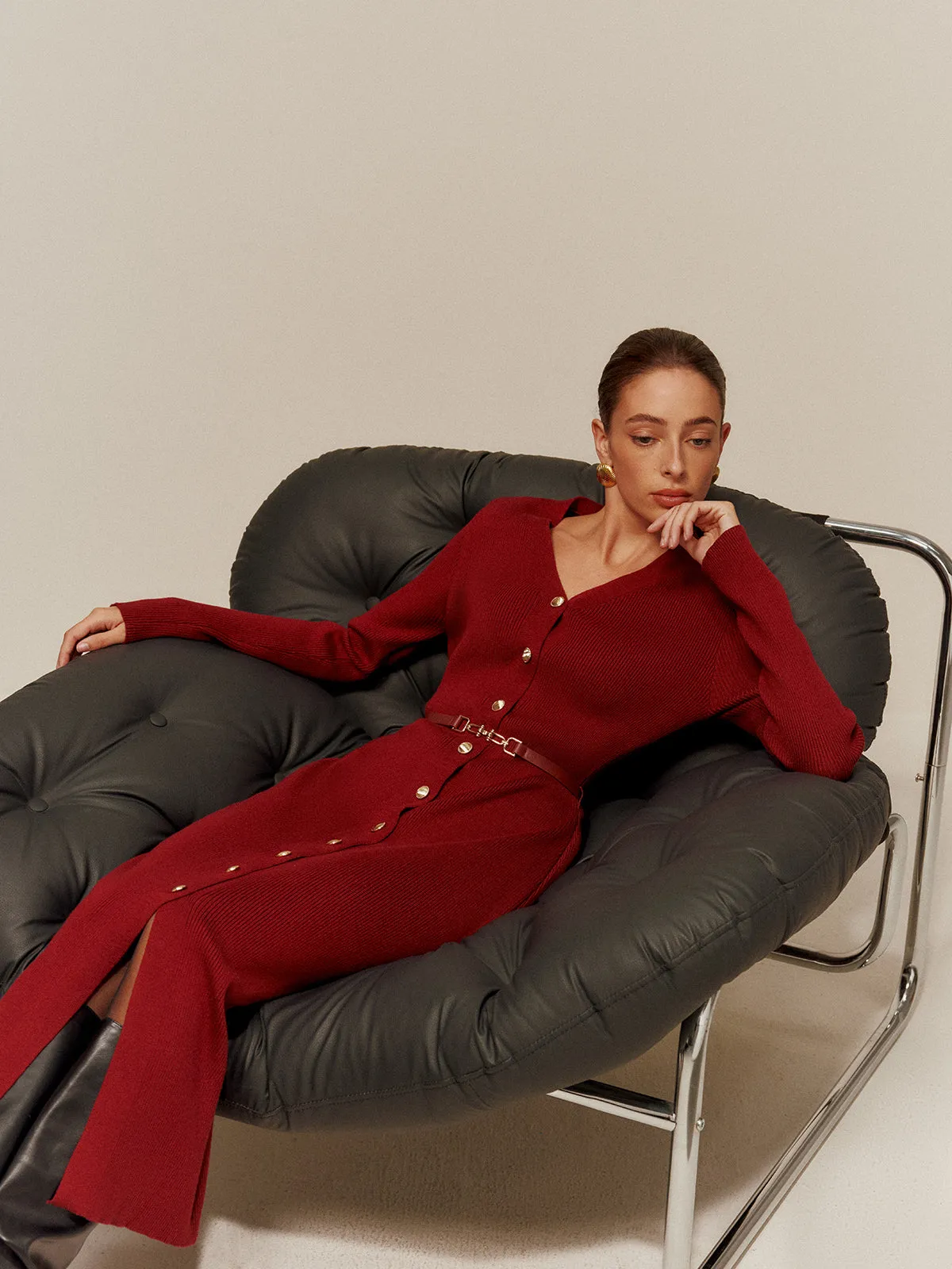 V-Neck Breasted Belted Sweater Long Dress sold by COMMENSE product image thumbnail 3