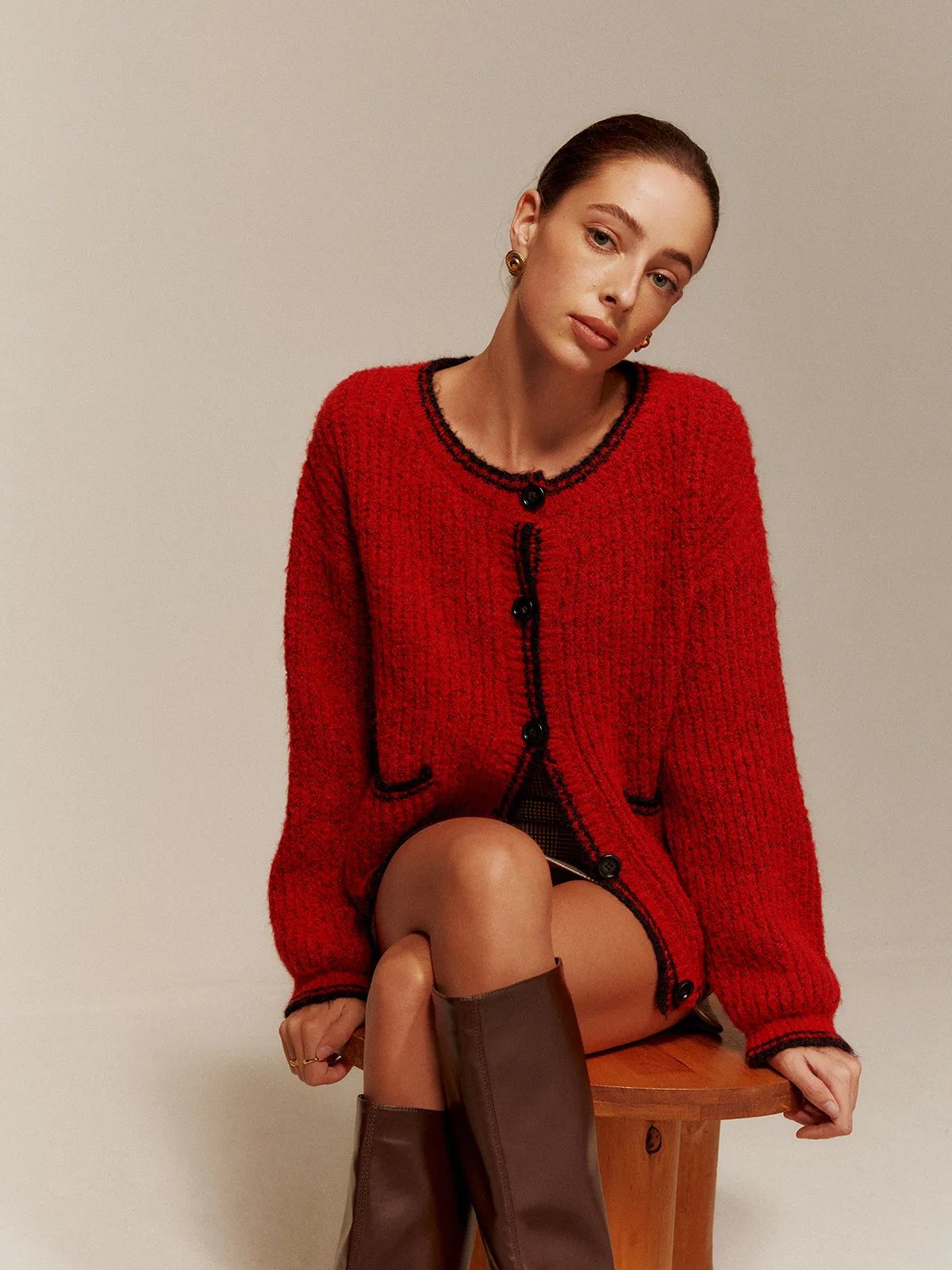 Contrast Trim Pockets Button Cardigan sold by COMMENSE