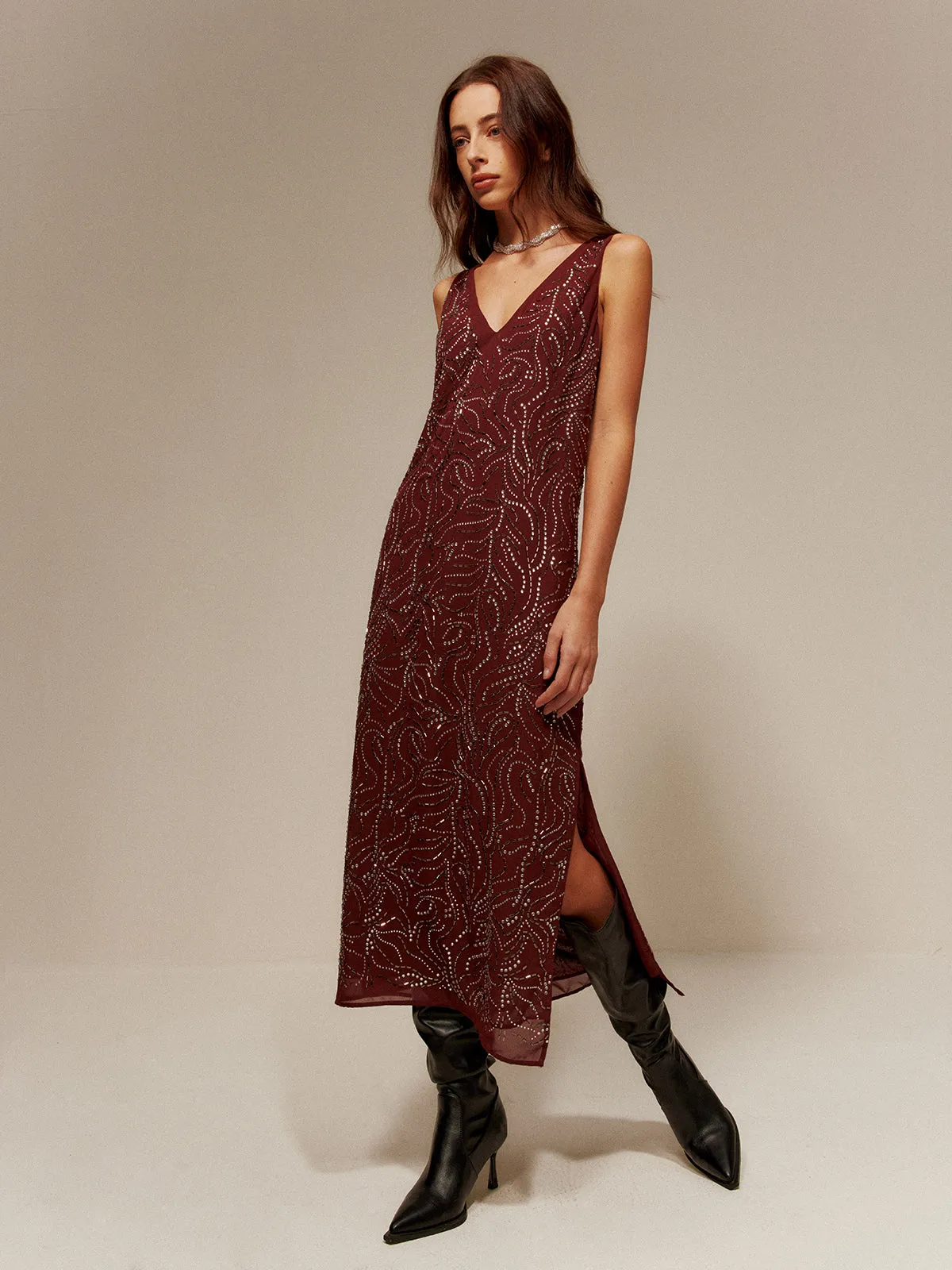 V-Neck Rhinestone Split Tank Dress sold by COMMENSE product image thumbnail 4