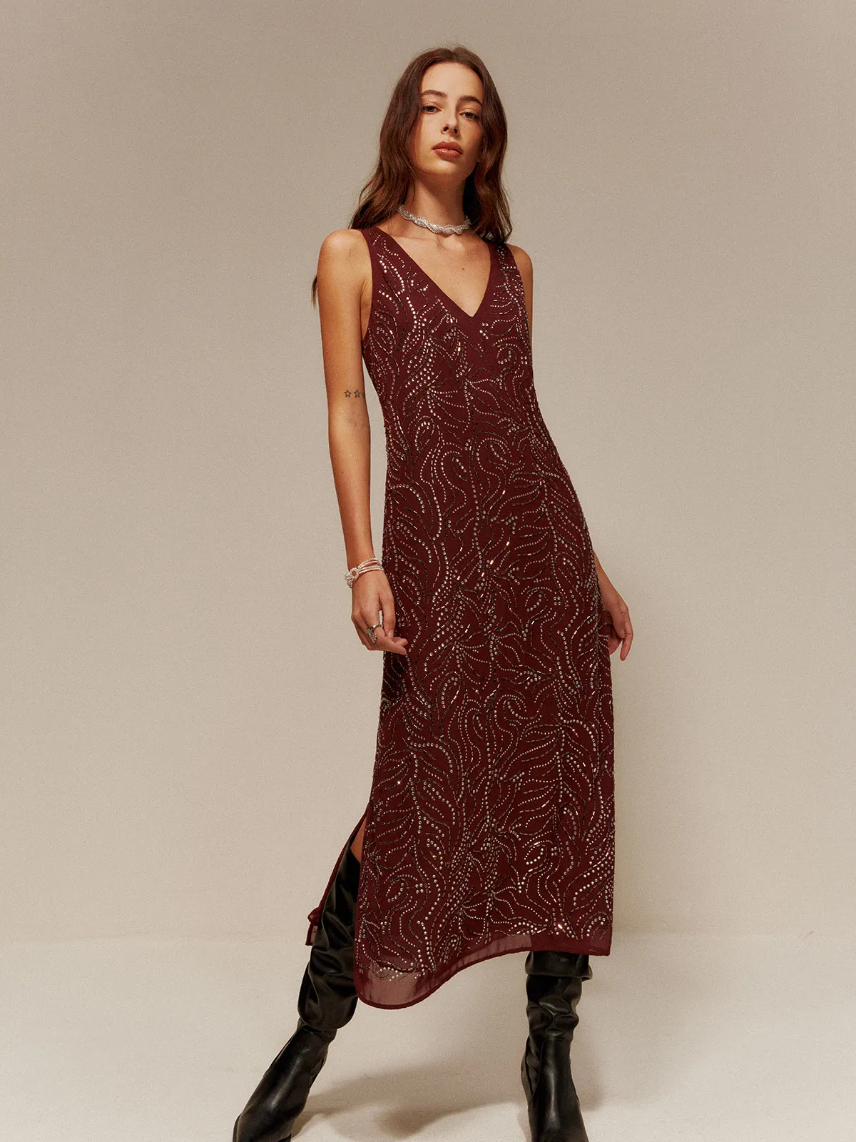 V-Neck Rhinestone Split Tank Dress sold by COMMENSE