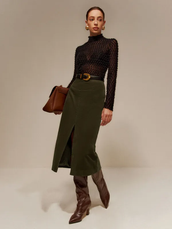 Split Front Corduroy Skirt Without Belt sold by COMMENSE