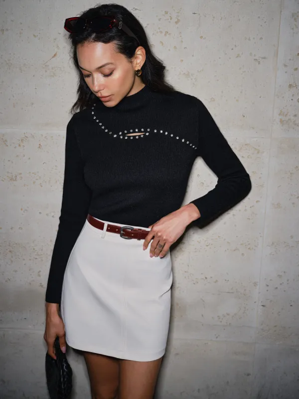 Cutout Beaded Slim Ribbed Sweater sold by COMMENSE