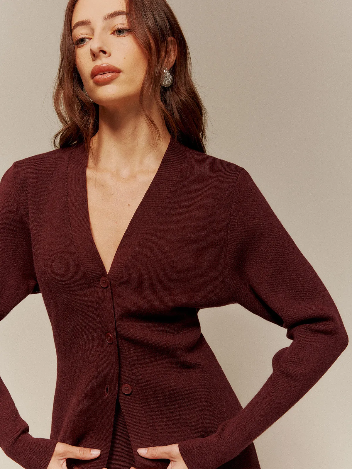 Wool-Blend V-Neck Button Cardigan sold by COMMENSE product image thumbnail 2