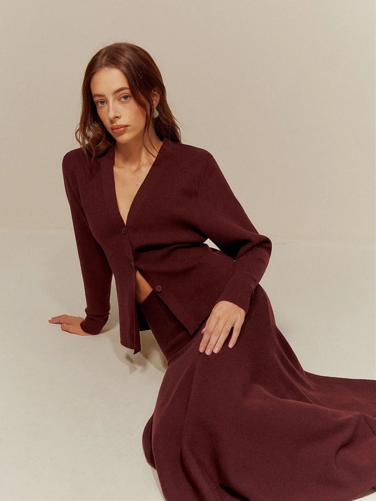 Wool-Blend V-Neck Button Cardigan sold by COMMENSE