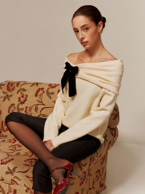 Velvet-Bow Off-Shoulder Ruched Sweater sold by COMMENSE