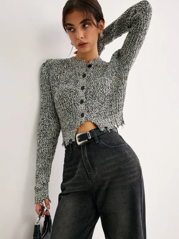 Raw Hem Button Slim Knit Top sold by COMMENSE