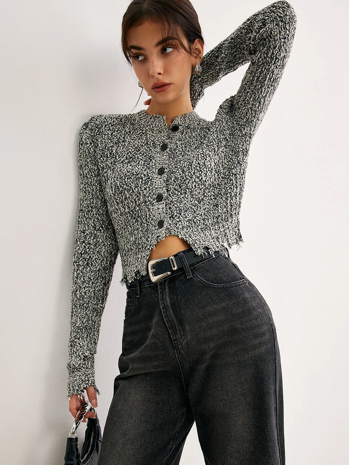 Raw Hem Button Slim Knit Top sold by COMMENSE