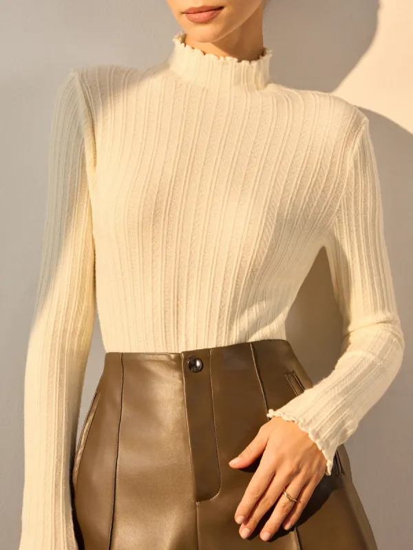 Minimalist Lettuce Trim Mock Neck Knit Top made by COMMENSE